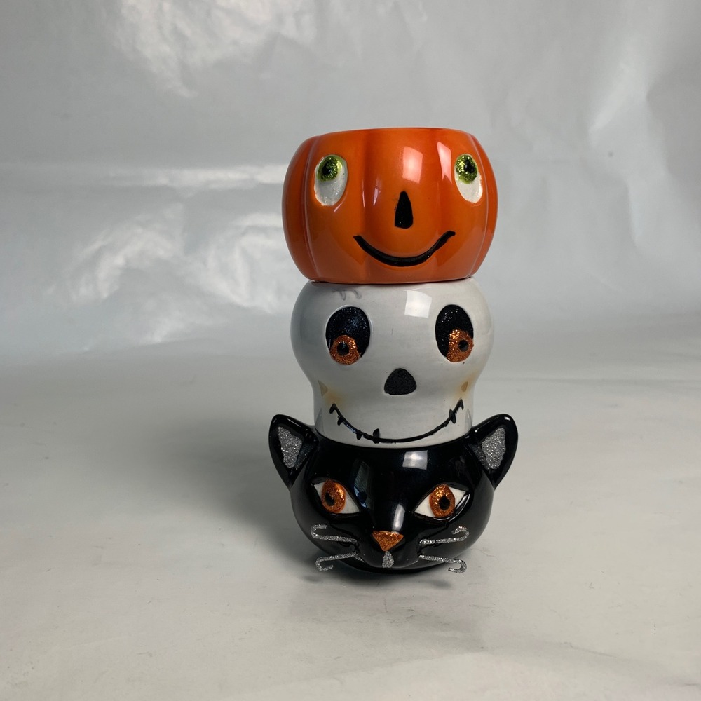 Hallmark Votive Holder Set OS Stackable Cat Skull Pumpkin Multi Glitter EUC
